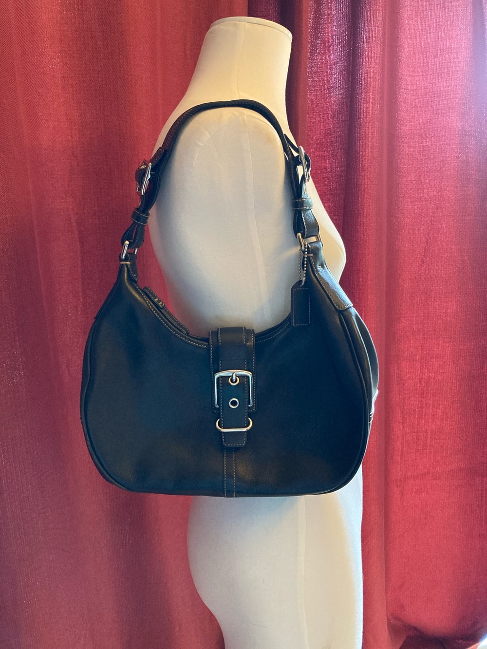 Coach Black Leather Shoulder Bag with Buckle Detail - Women's Bag
